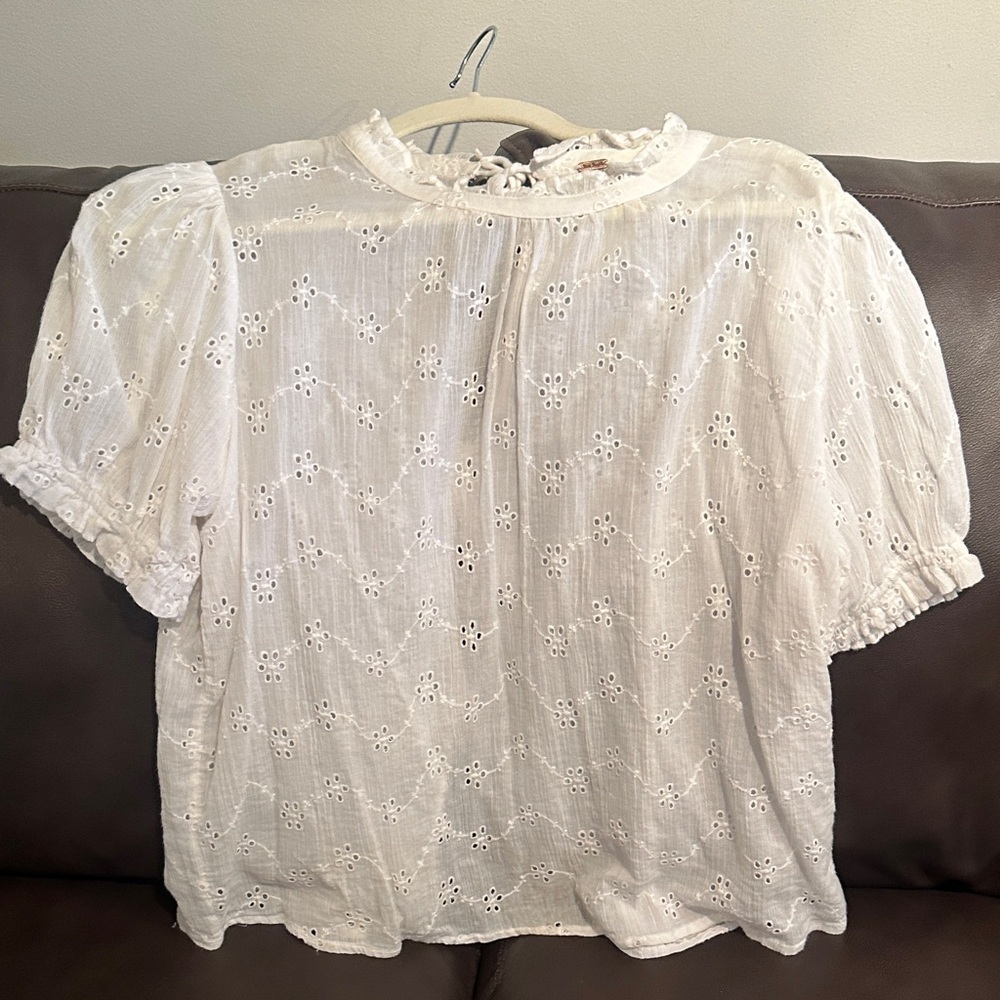 Free People White Eyelet Puff Sleeve Blouse